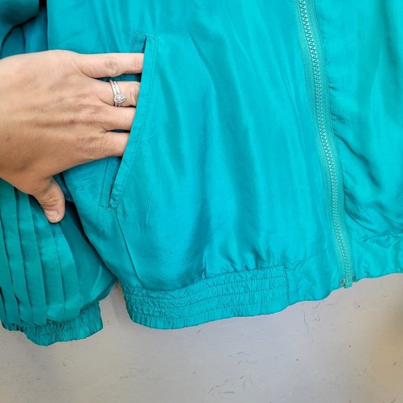 Vintage 90's 100% Silk Bright Turquoise Full Zip Retro Athleisure Jacket - Picture 4 of 16